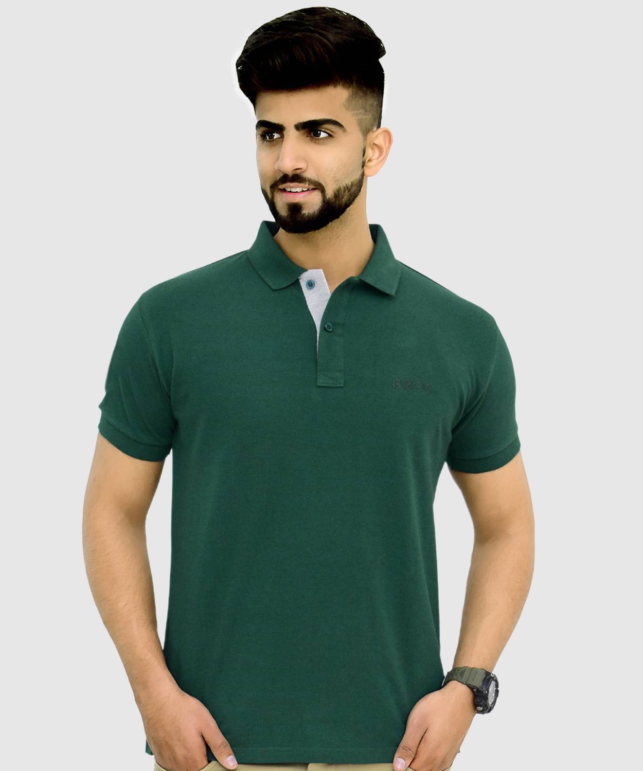 3BROS Men Solid Polo Neck Cotton Blend Green T-Shirt