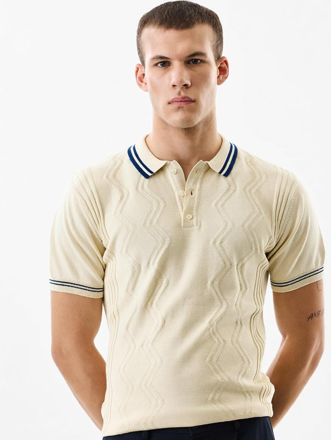 Image of Snitch Chevron /Zig Zag Men Polo Neck Beige T-Shirt