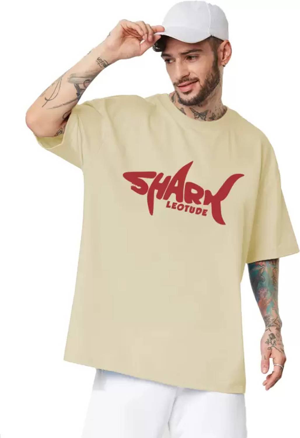 Leotude Men Printed, Typography Round Neck Cotton Blend Beige T-S