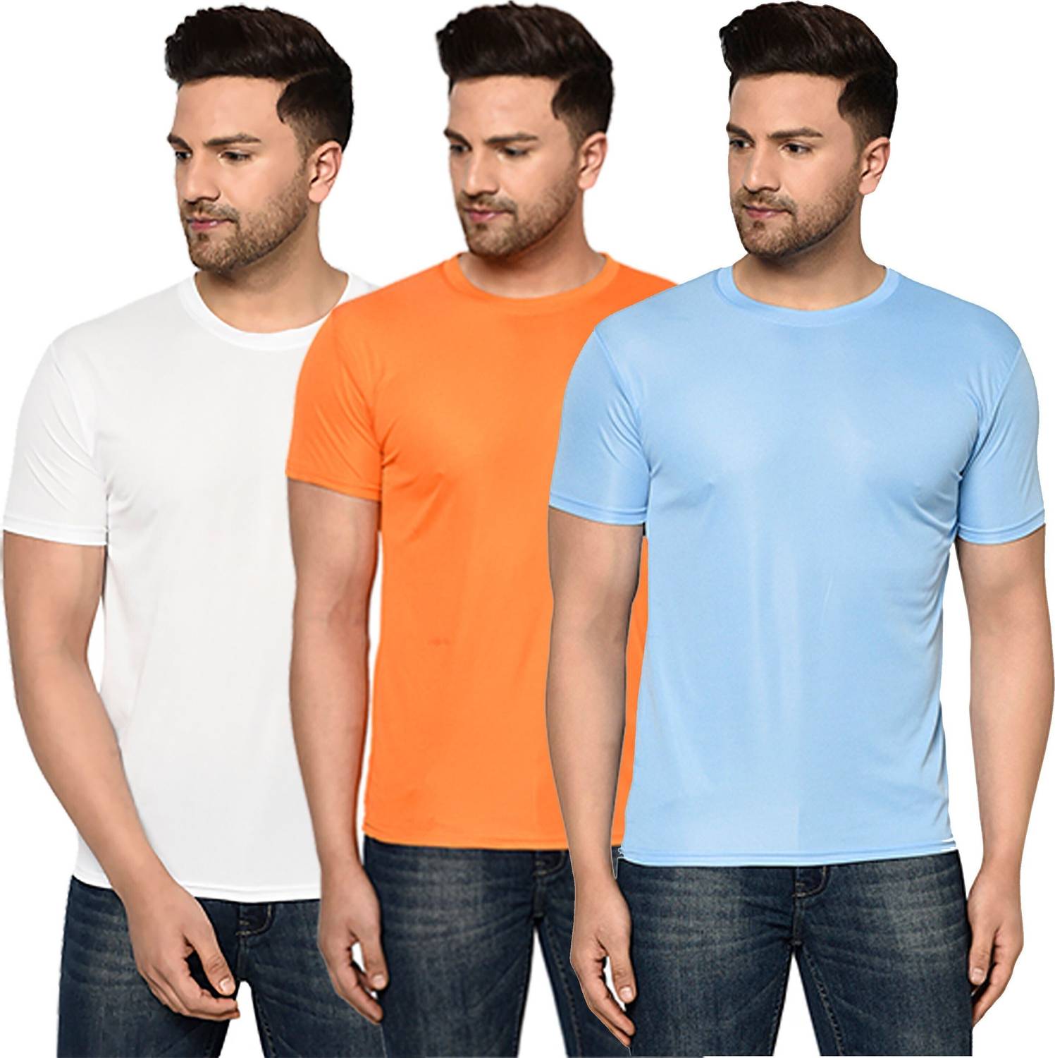 InkTees Pack of 3 Men Solid Round Neck Polyester Multicolor T-Shi