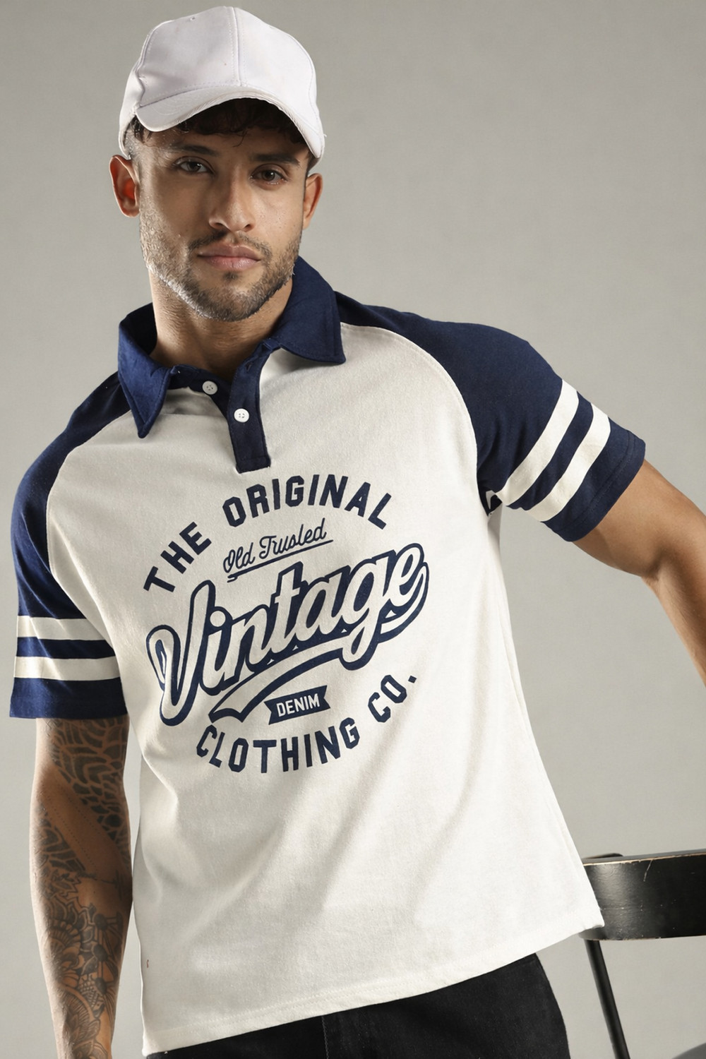 Image of SHINX Printed Men Polo Neck White, Dark Blue T-Shirt