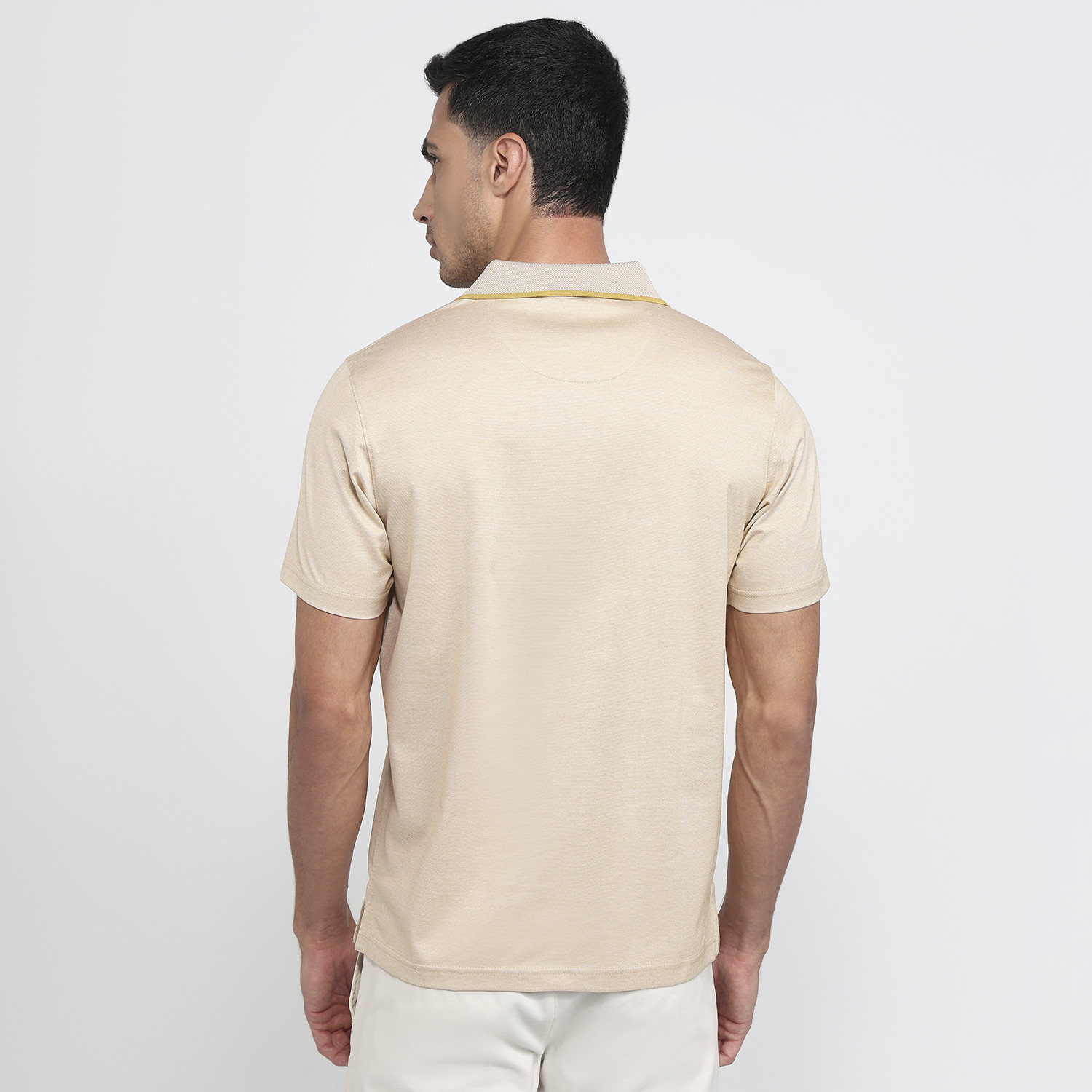 Image of PARK AVENUE Men Solid Polo Neck Pure Cotton Beige T-Shirt
