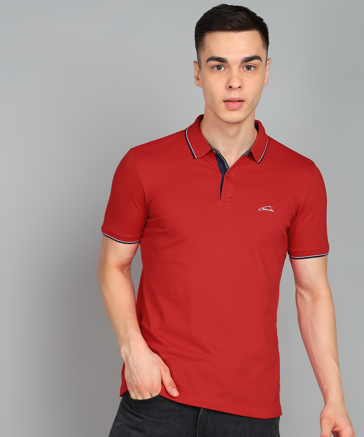 Image of Gaucha Solid Men Polo Neck Red T-Shirt
