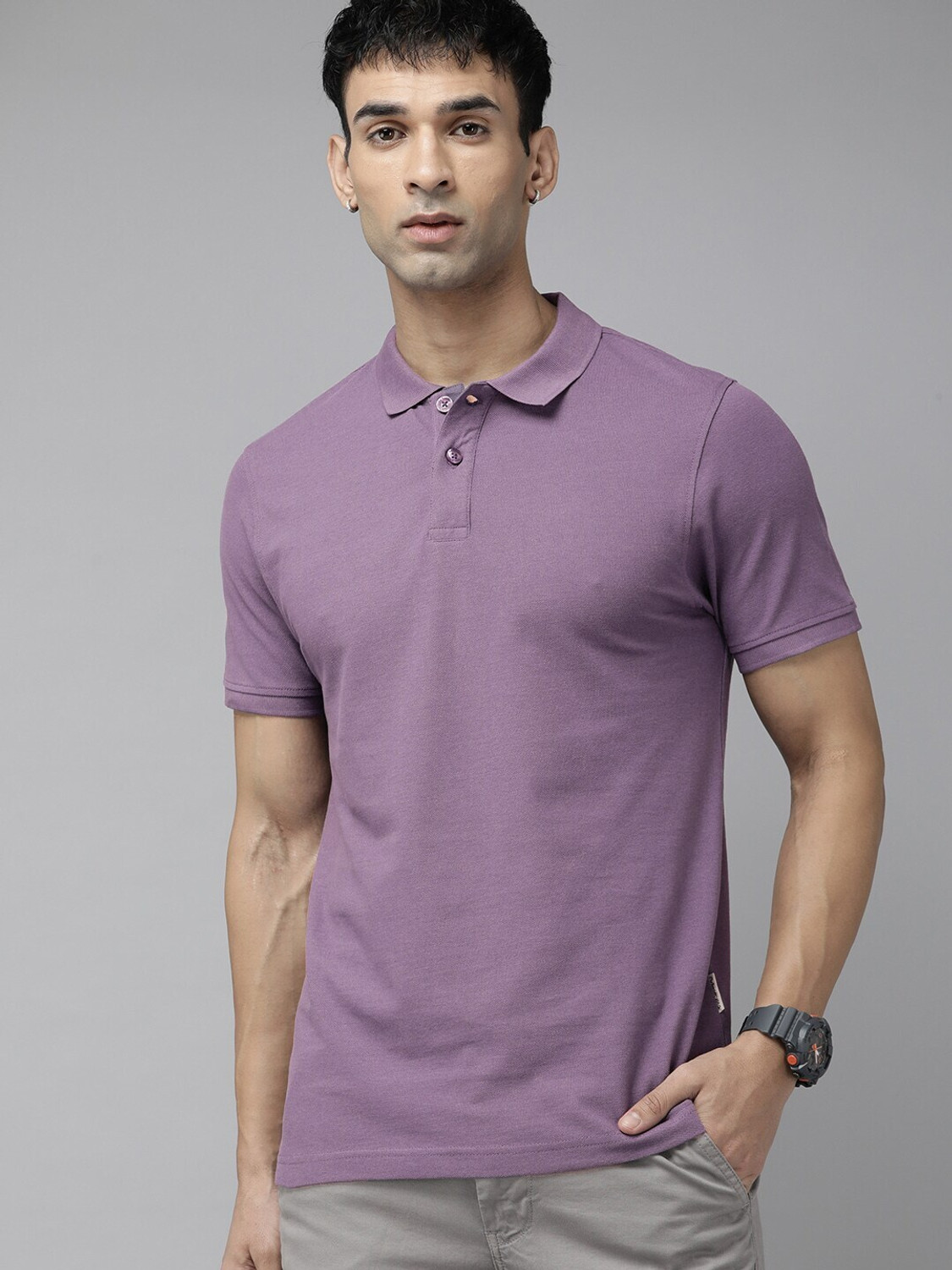 Image of Roadster Solid Men Polo Neck Purple T-Shirt
