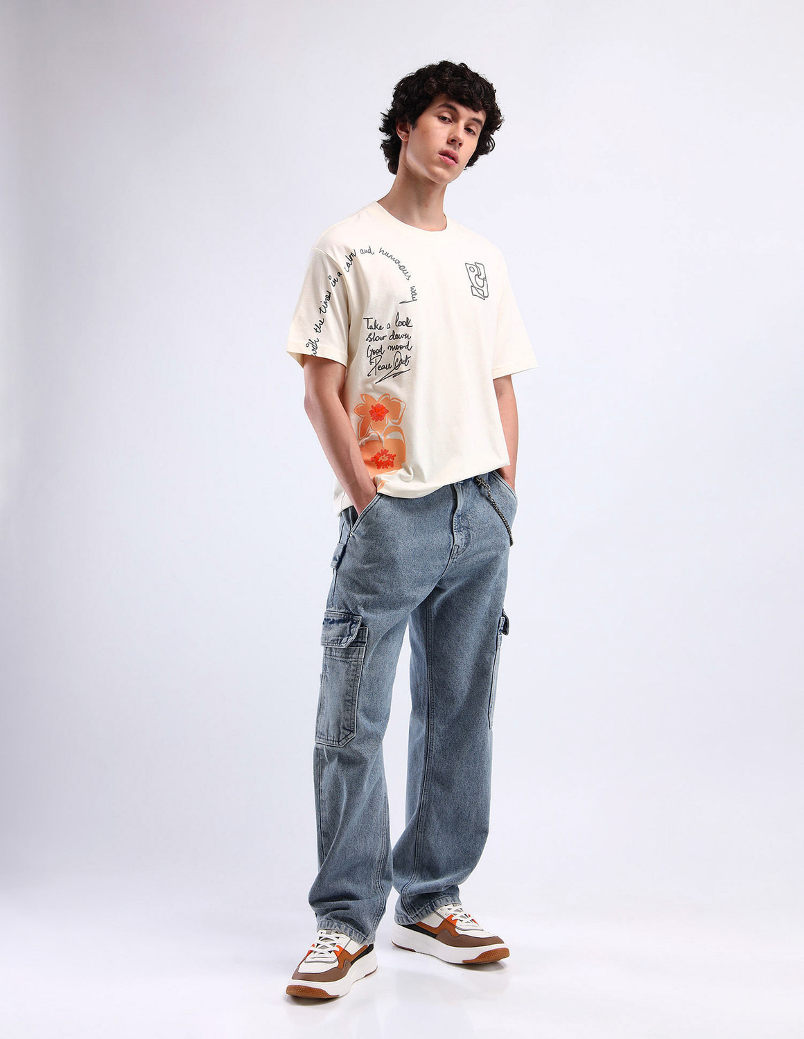 Image of FLYING MACHINE Self Design Men Crew Neck White T-Shirt