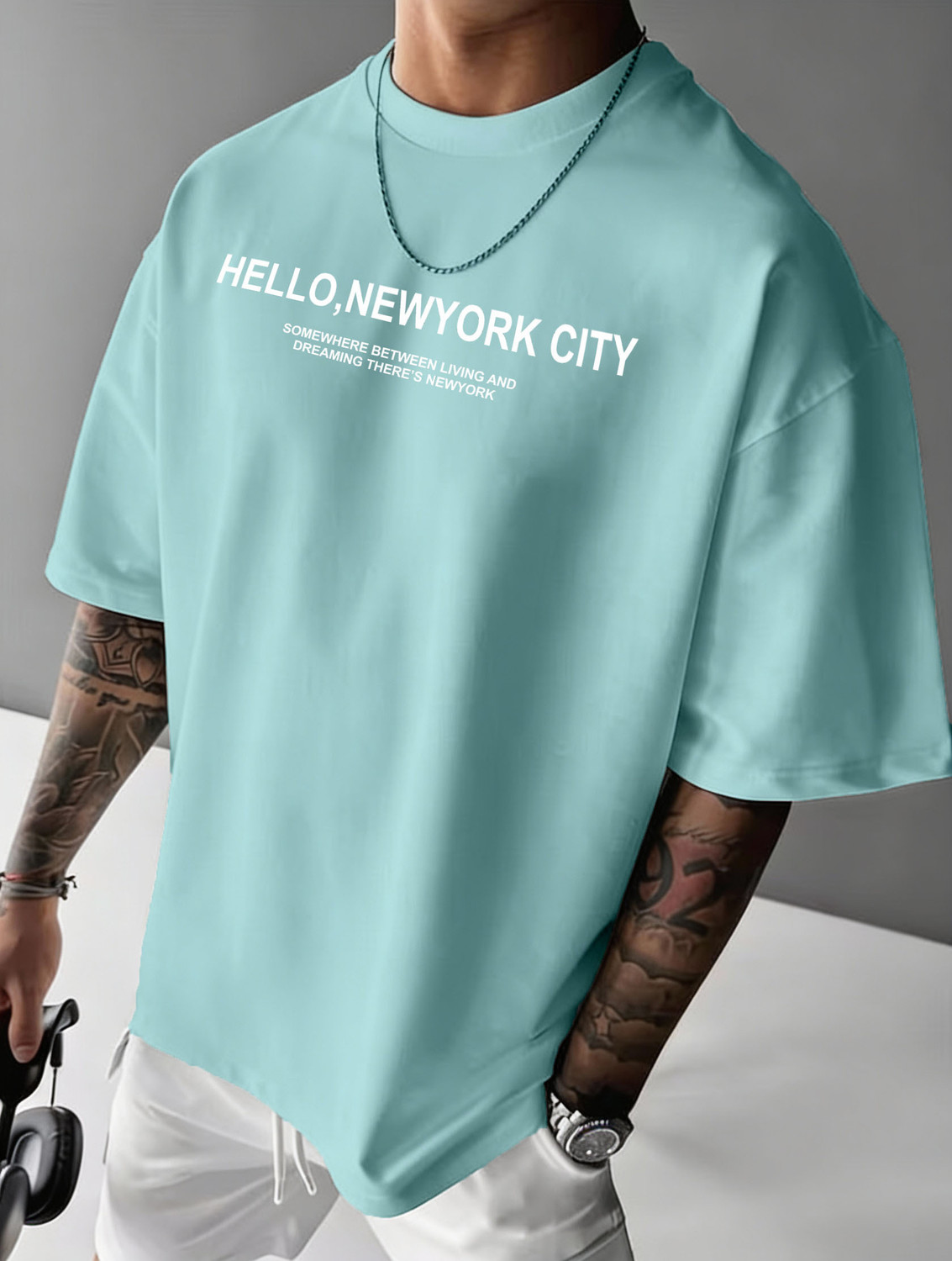 Image of FLYIND VOGUE OUTFIT Typography Men Round Neck Light Blue T-Shirt
