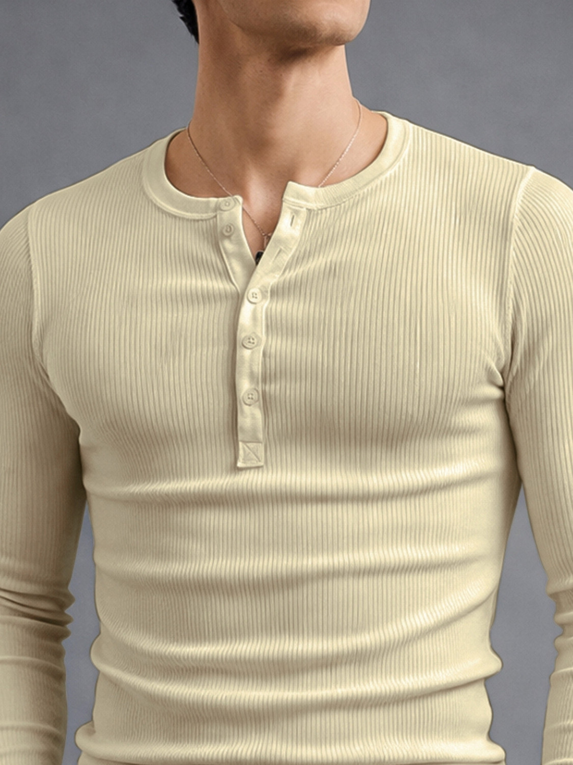 Image of MANIAC Solid Men Henley Neck Beige T-Shirt