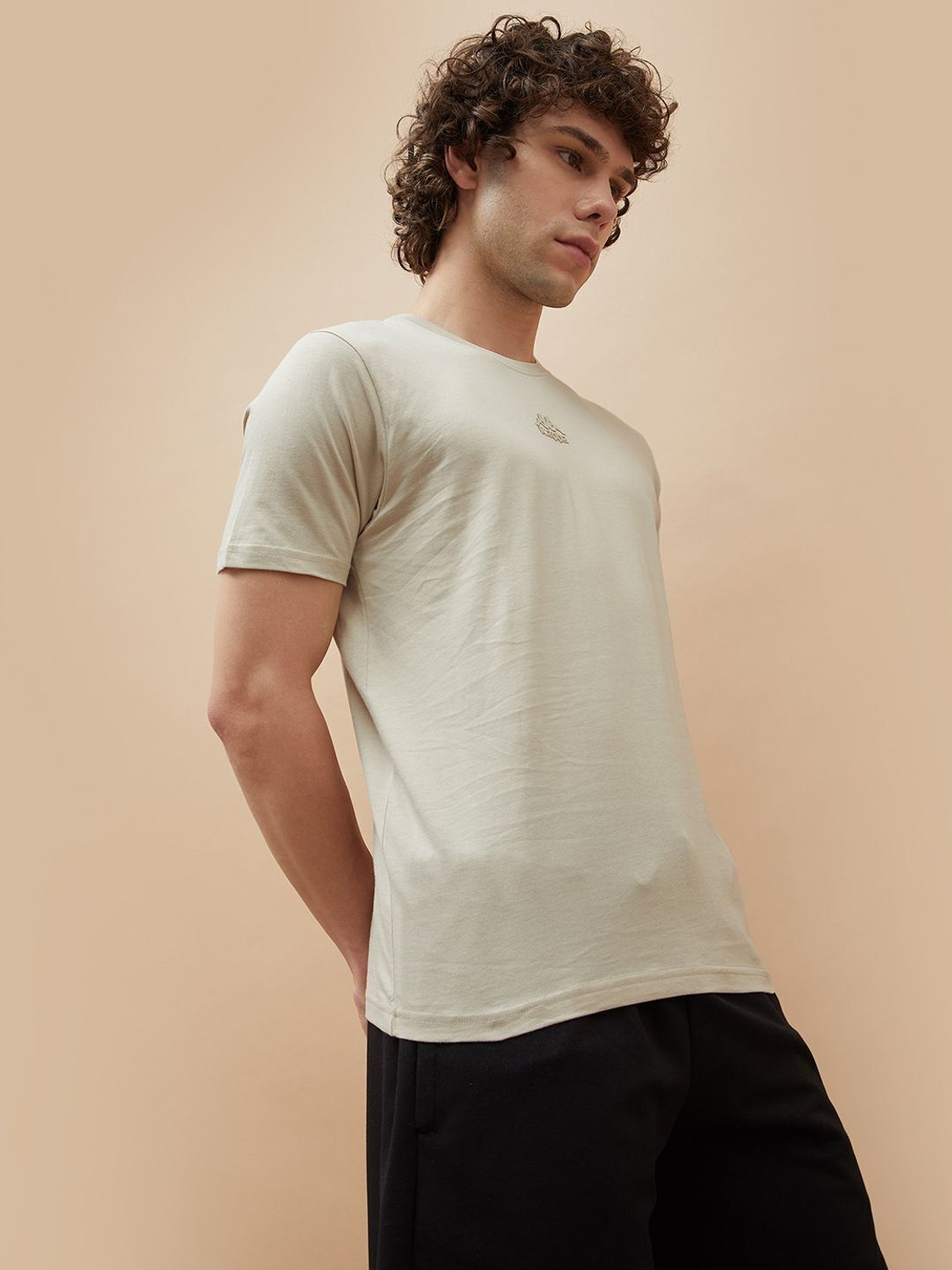 Image of Kappa Solid Men Round Neck Beige T-Shirt