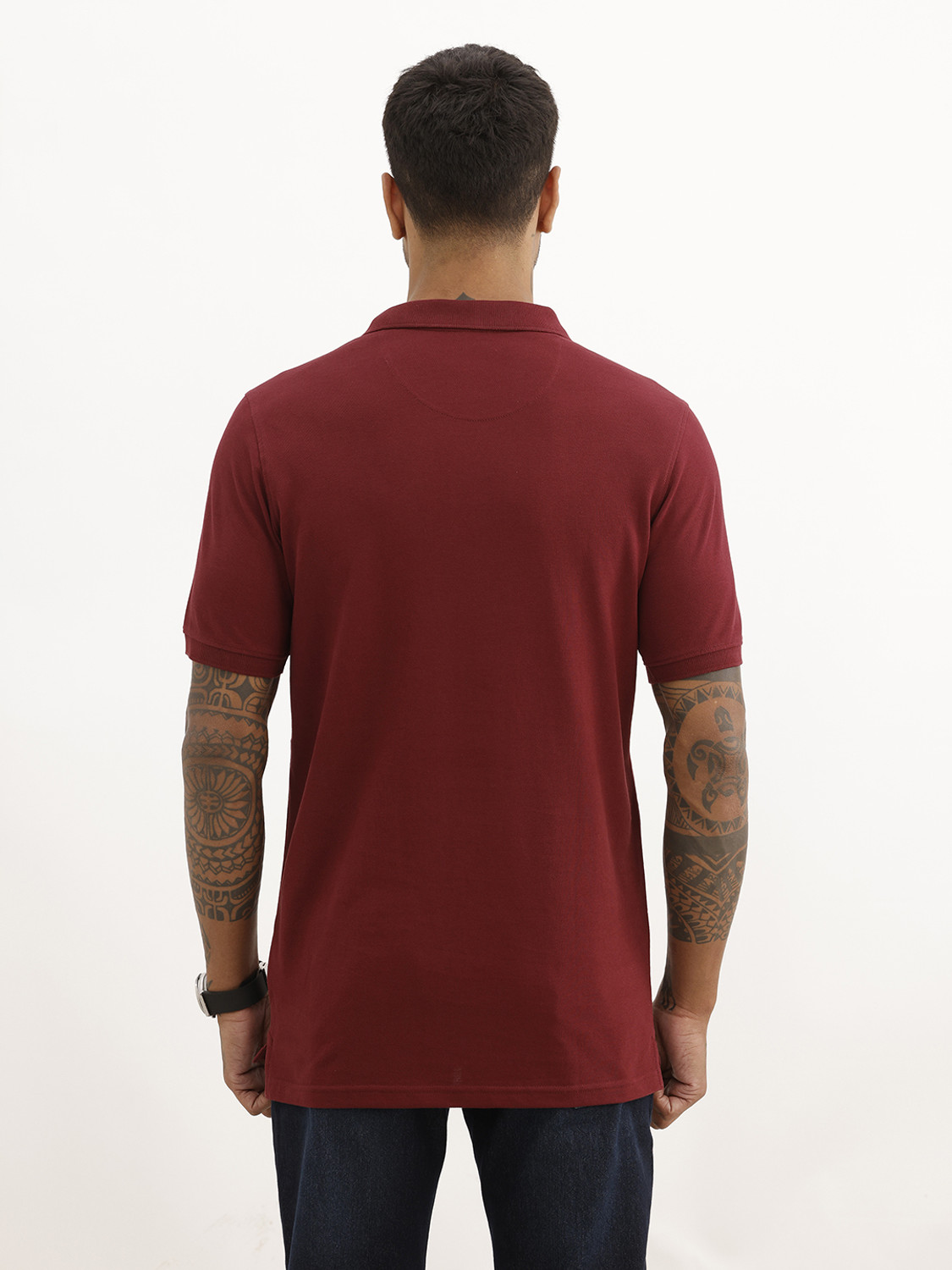 Image of WROGN Men Printed Polo Neck Pure Cotton Maroon T-Shirt
