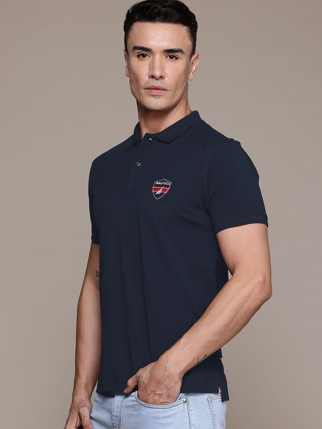 Image of NAUTICA Solid Men Polo Neck Blue T-Shirt