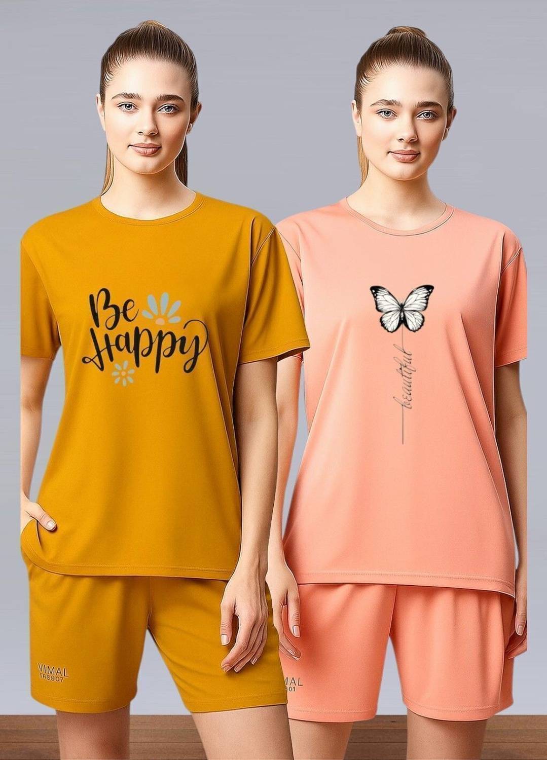 HouseOfCommon Printed Women Round Neck Yellow, Pink T-Shirt