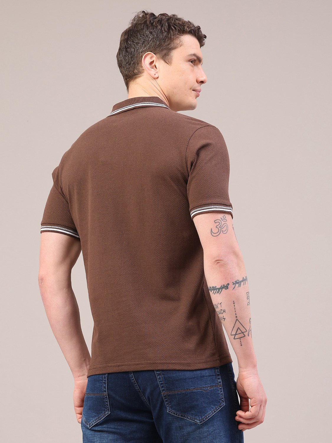Image of V-MART Self Design Men Polo Neck Brown T-Shirt