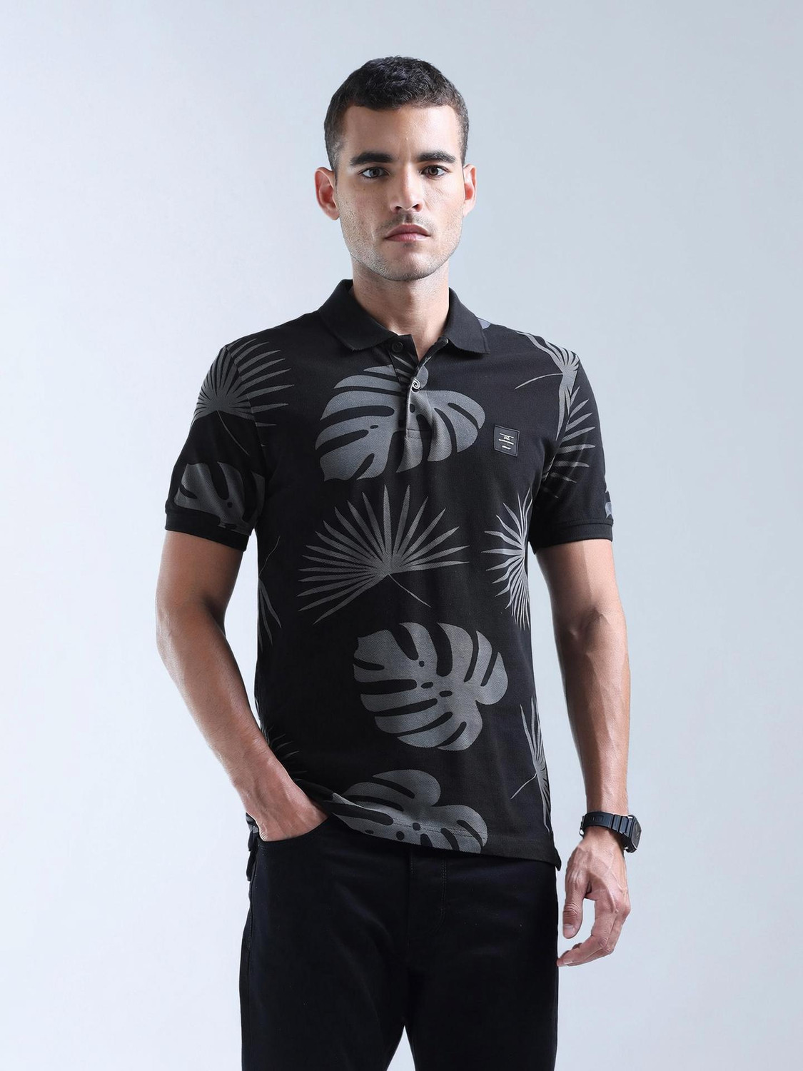 Image of FLYING MACHINE Printed Men Polo Neck Black T-Shirt