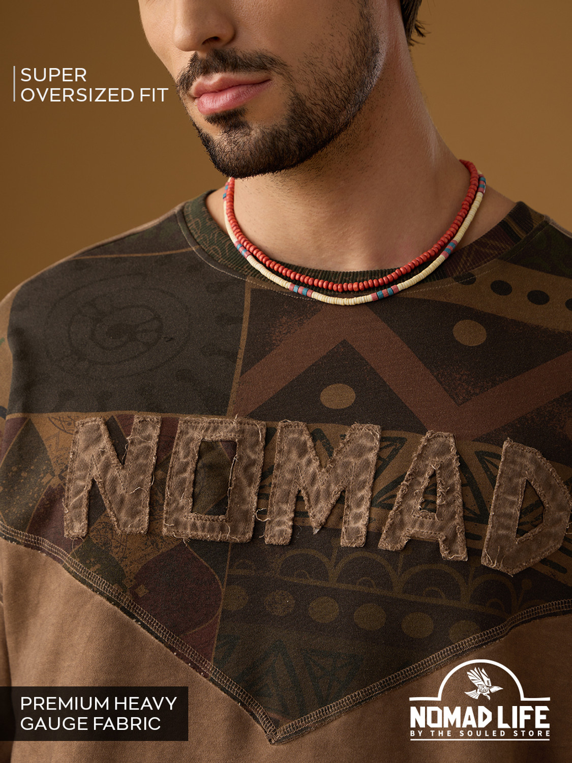 Image of The Souled Store Men Printed Round Neck Pure Cotton Brown T-Shirt