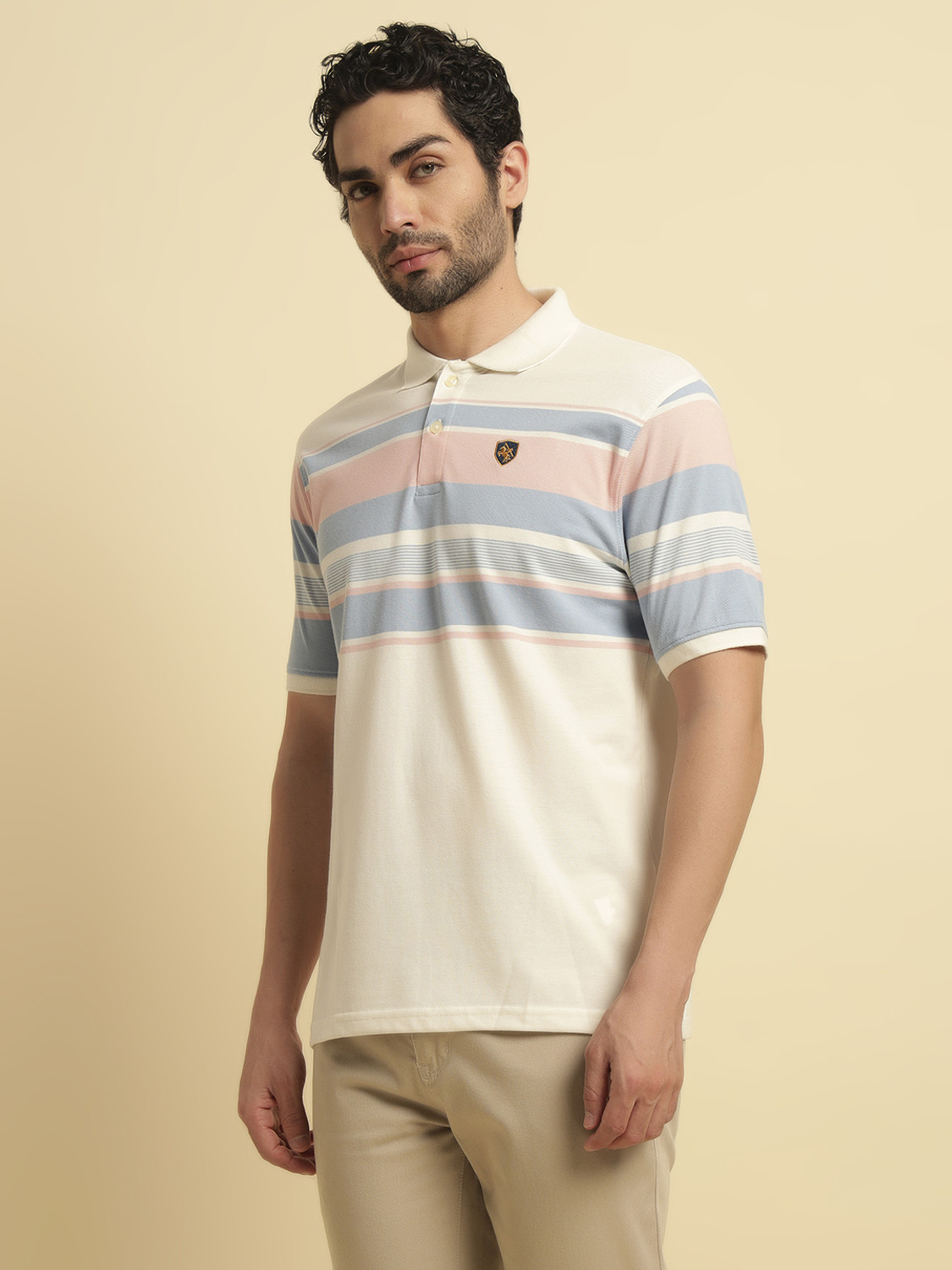 Image of CANTABIL Striped Men Polo Neck White T-Shirt