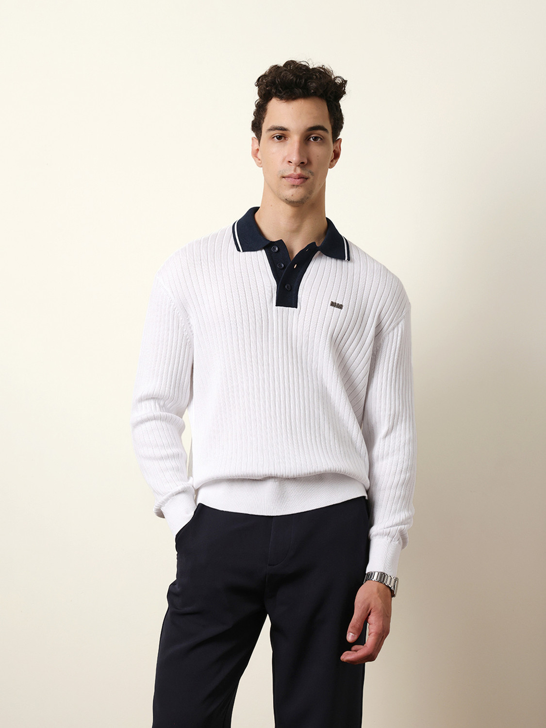 Image of THE BEAR HOUSE Striped Men Polo Neck White T-Shirt