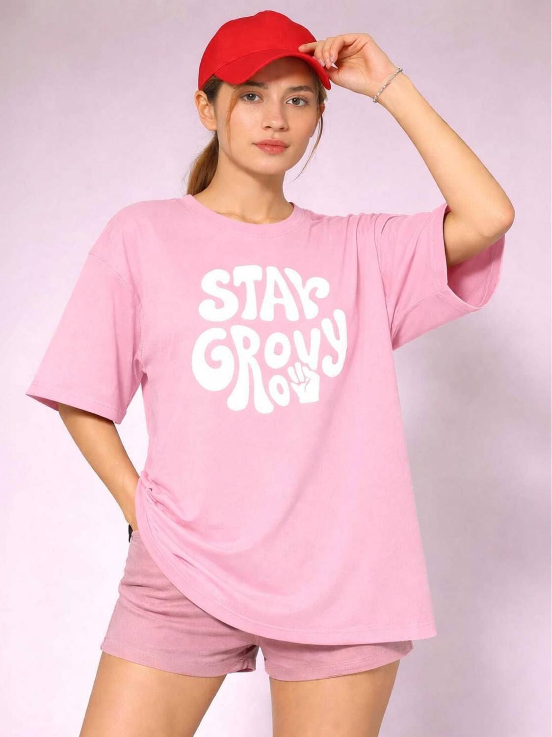 CALOYA Typography Women Round Neck Pink T-Shirt