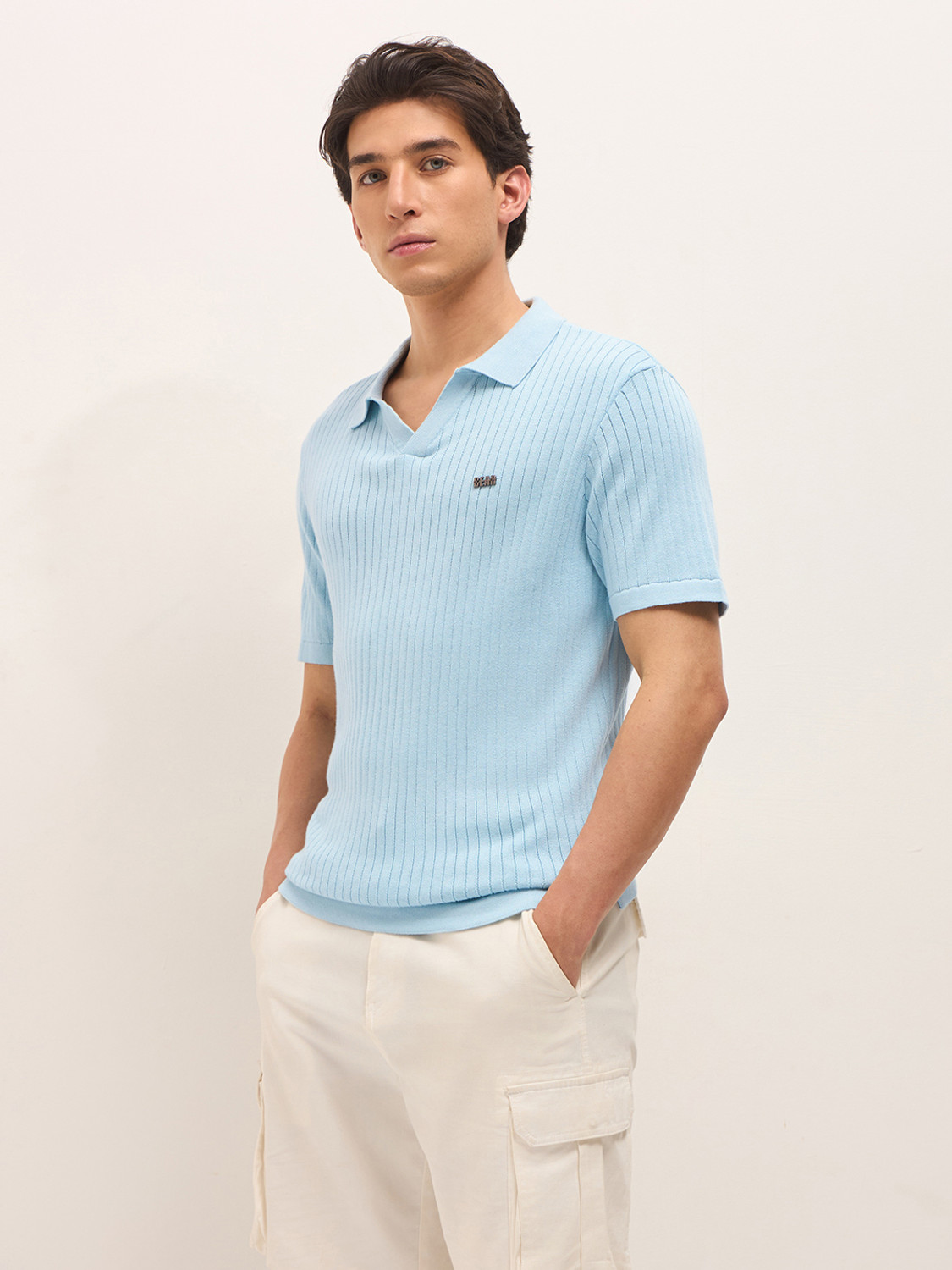 Image of THE BEAR HOUSE Striped Men Polo Neck Blue T-Shirt