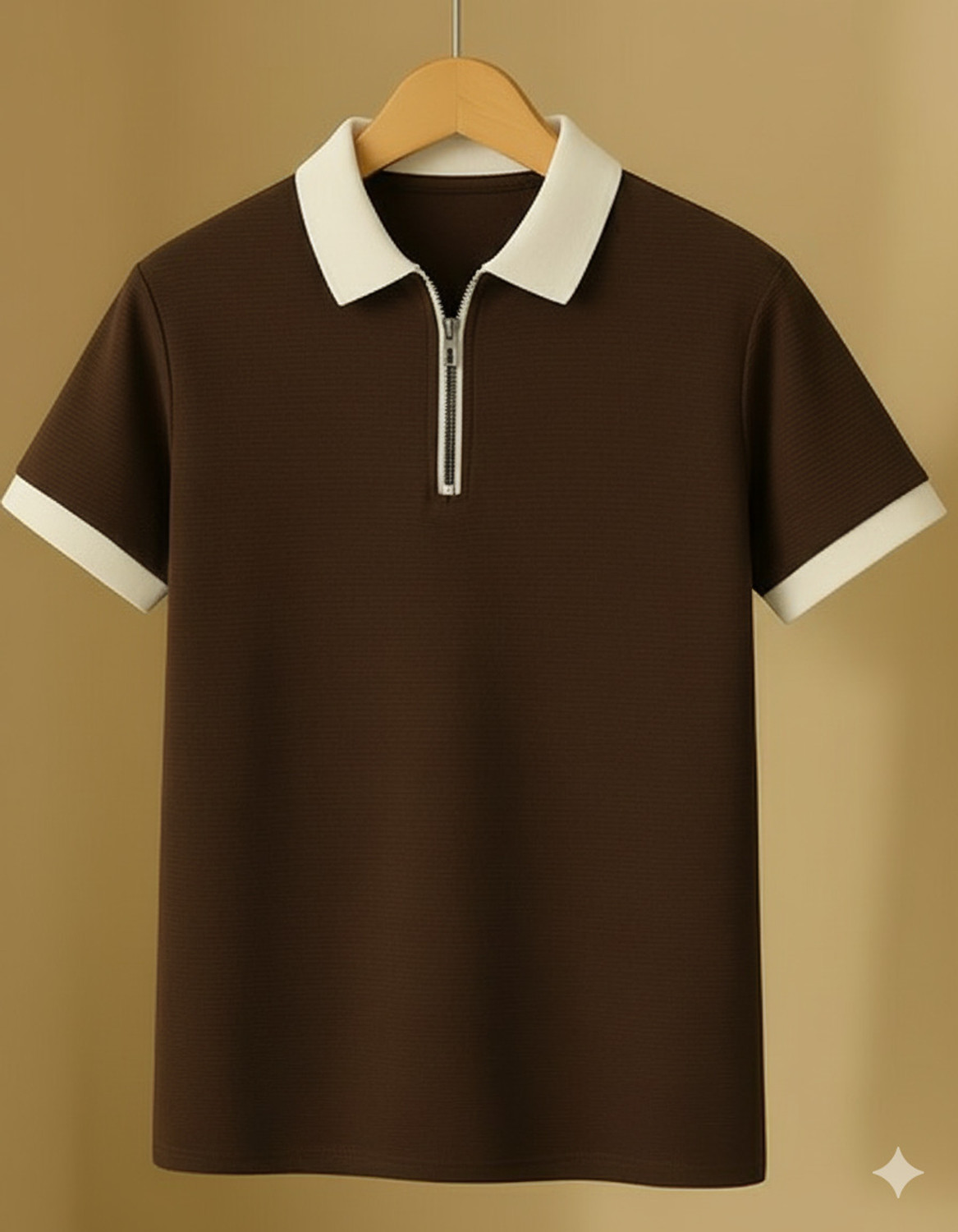 Image of CrisPet Solid, Self Design Men Zip Neck Brown T-Shirt