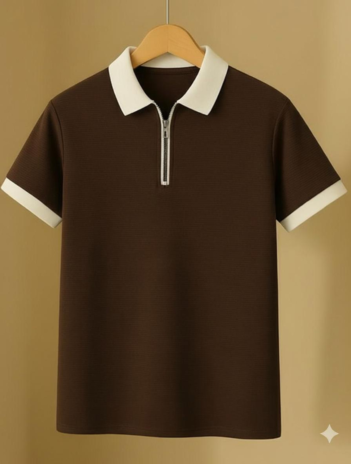 Image of CrisPet Solid, Self Design Men Zip Neck Brown T-Shirt