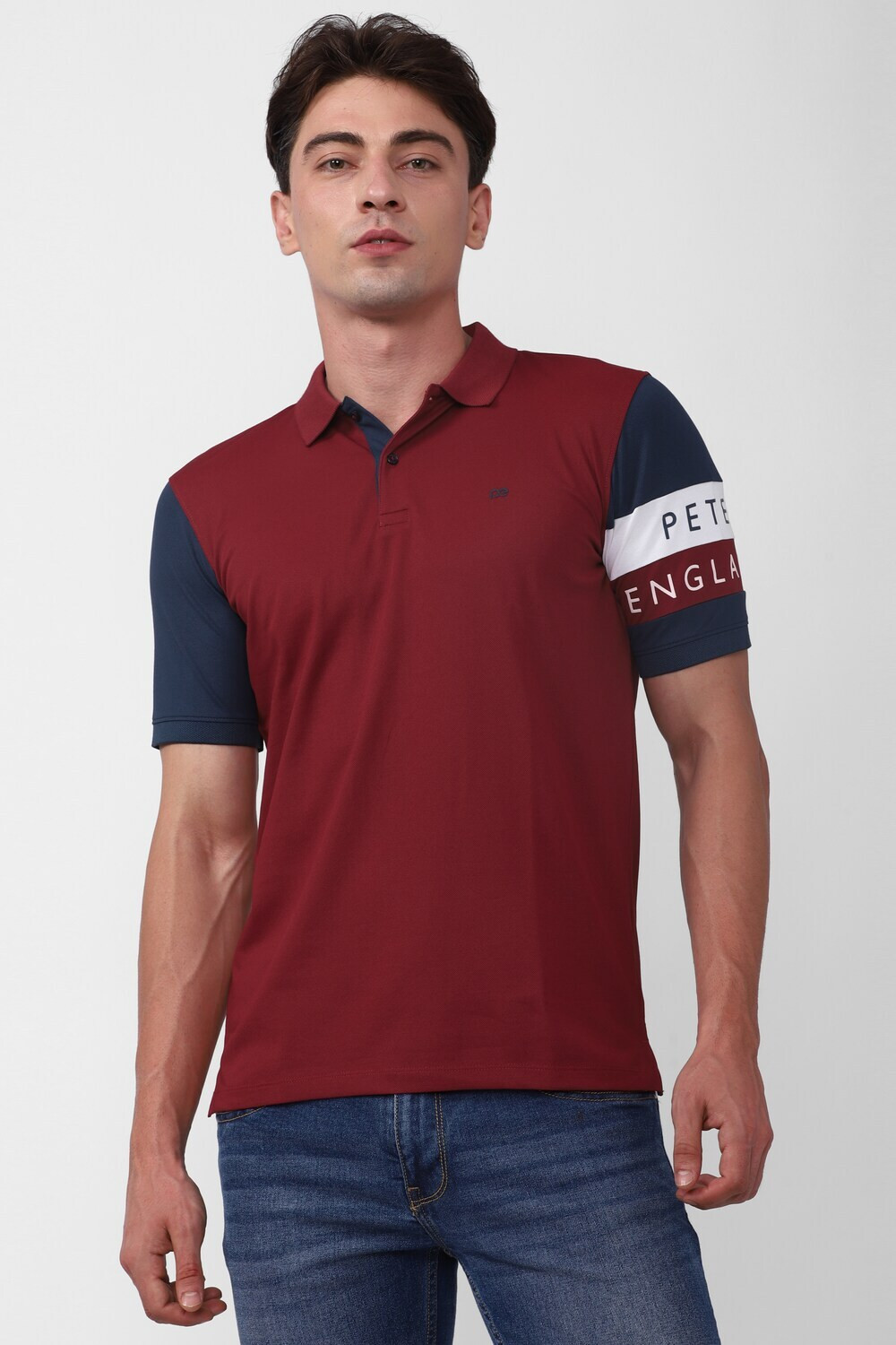 Image of PETER ENGLAND Solid Men Polo Neck Maroon T-Shirt