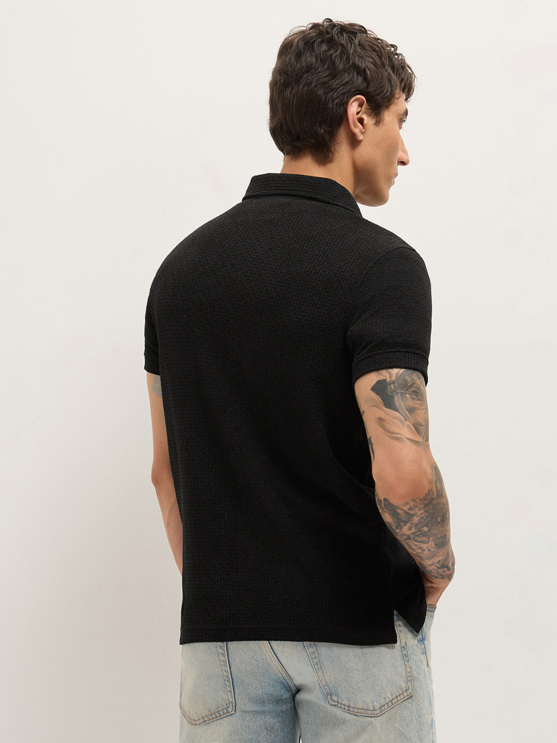 Image of THE BEAR HOUSE Self Design Men Polo Neck Black T-Shirt