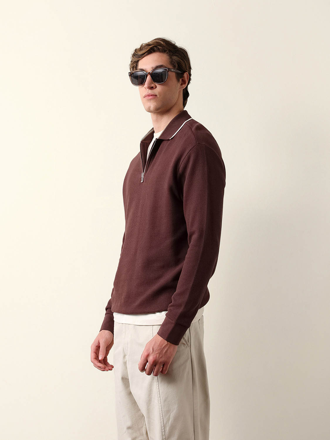 Image of THE BEAR HOUSE Self Design Men Polo Neck Brown T-Shirt