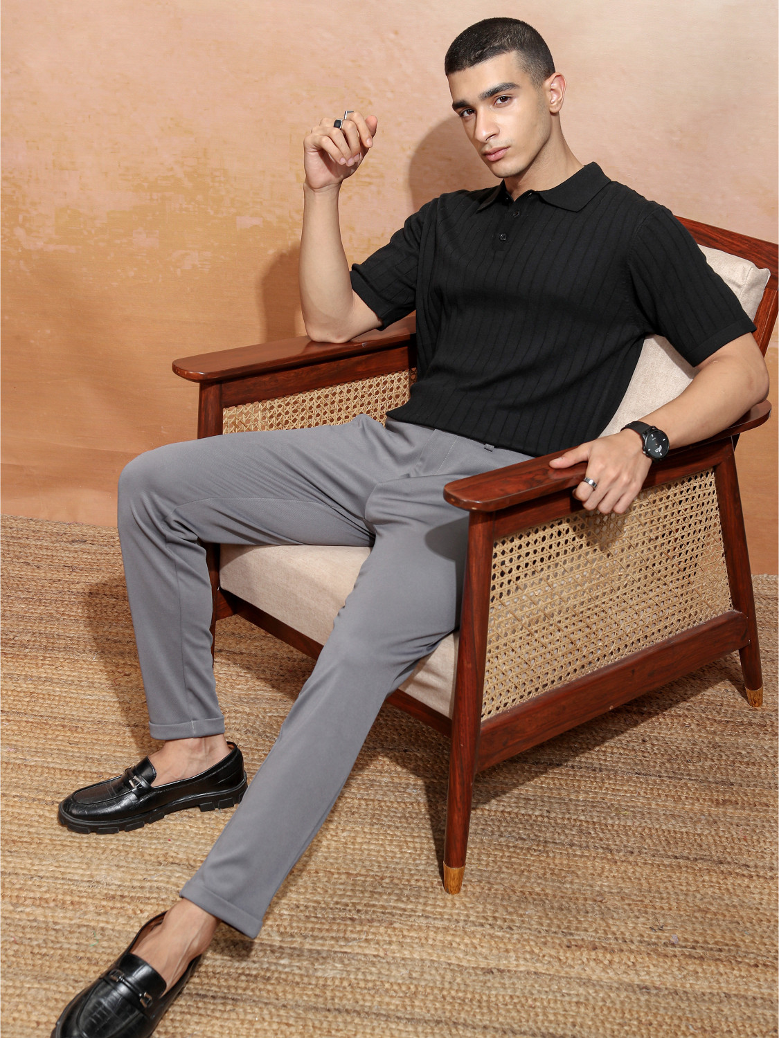 Image of HIGHLANDER Striped Men Polo Neck Black T-Shirt