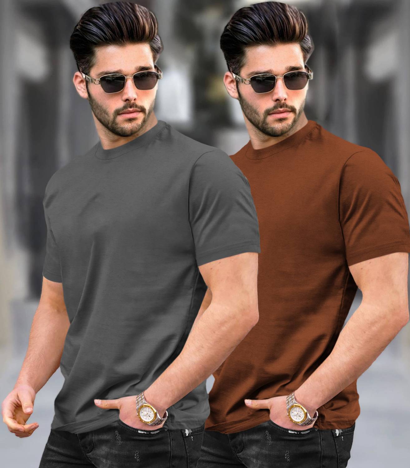 TRIPR Pack of 2 Men Solid Round Neck Cotton Blend Multicolor T-Sh