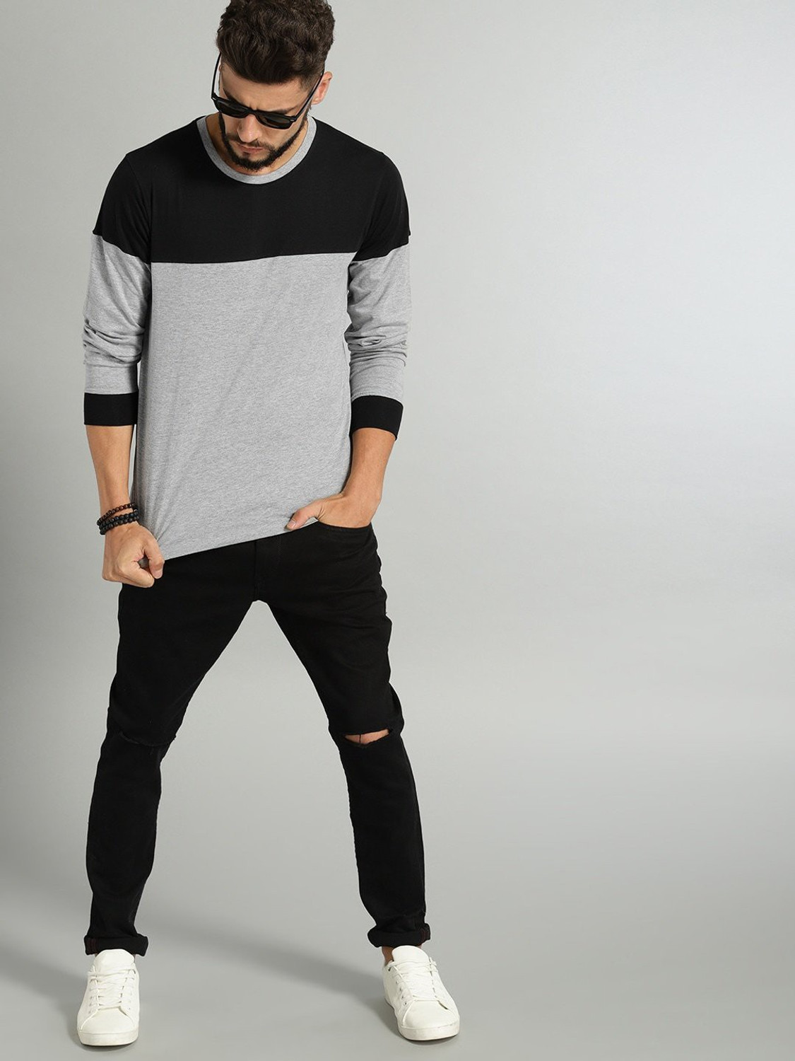 Image of Roadster Colorblock Men Round Neck Black, Grey T-Shirt