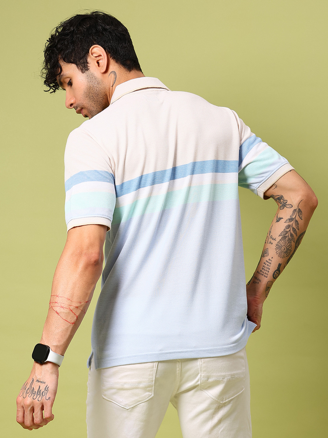 Image of V-MART Colorblock Men Polo Neck Light Blue T-Shirt