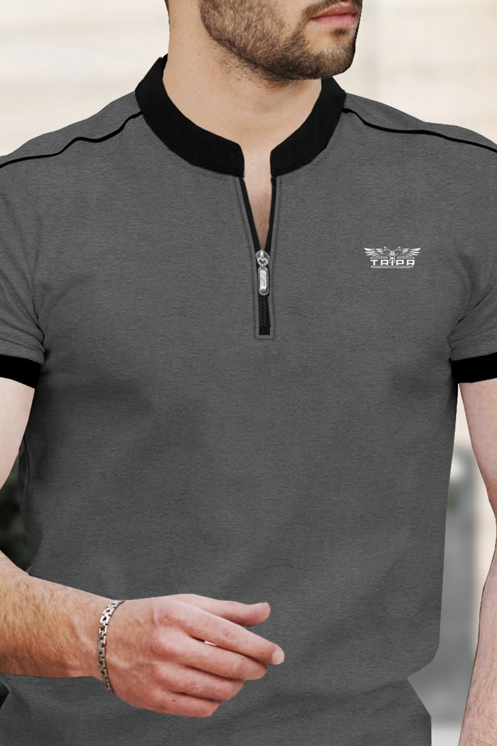 Image of TRIPR Printed Men Mandarin Collar Grey, Black T-Shirt