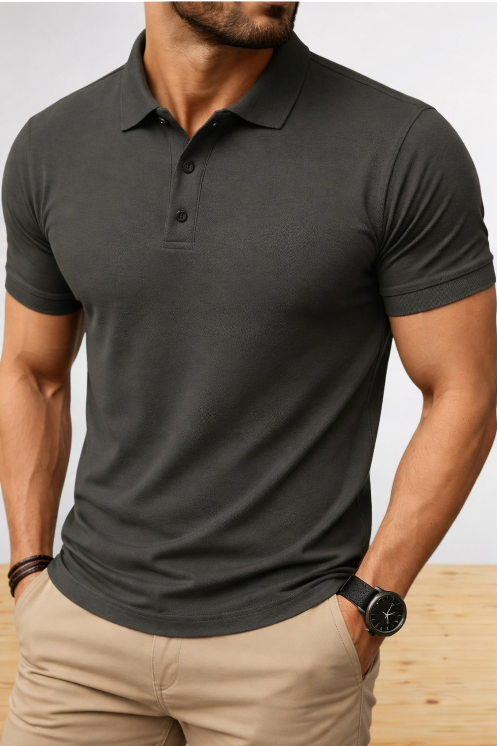 Image of LOOP STITCH Solid Men Polo Neck Grey T-Shirt