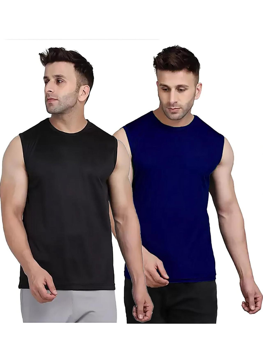 Image of Renowned Solid Men Round Neck Black, Dark Blue T-Shirt