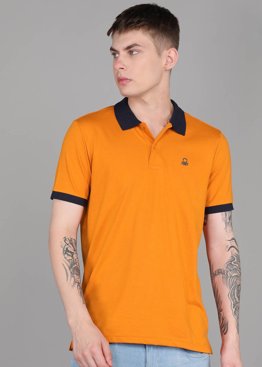 United Colors of Benetton Men Solid Polo Neck Cotton Blend Orange