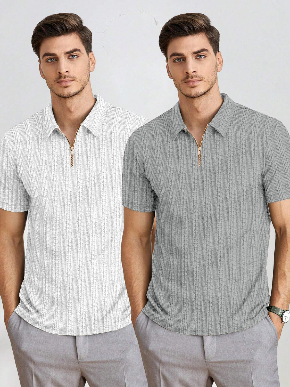 Image of COMBRAIDED Striped Men Zip Neck Grey, White T-Shirt
