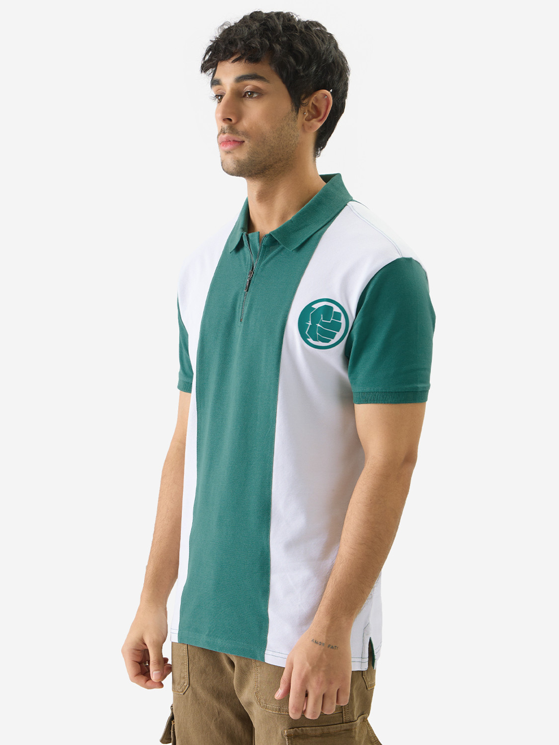 Image of The Souled Store Printed Men Polo Neck Green T-Shirt