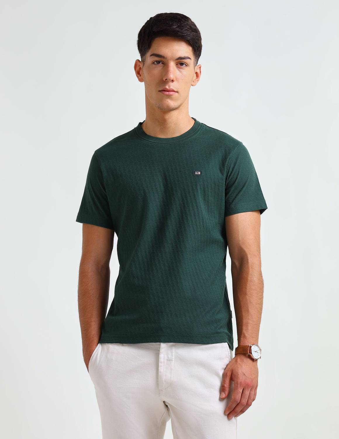 Arrow Sport Self Design Men Round Neck Green T-Shirt