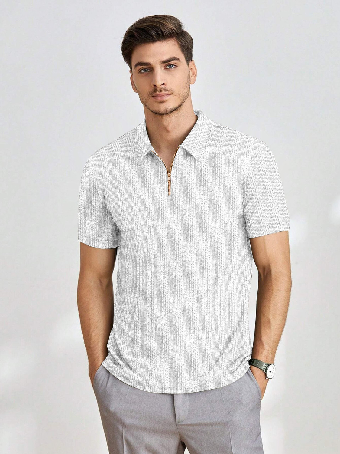 Image of COMBRAIDED Striped Men Zip Neck White T-Shirt