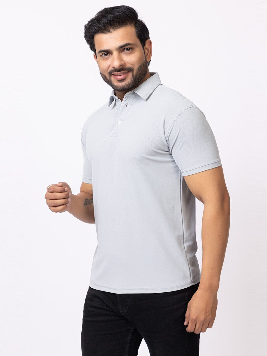 Image of BUFFARO Solid Men Polo Neck Grey, Black T-Shirt