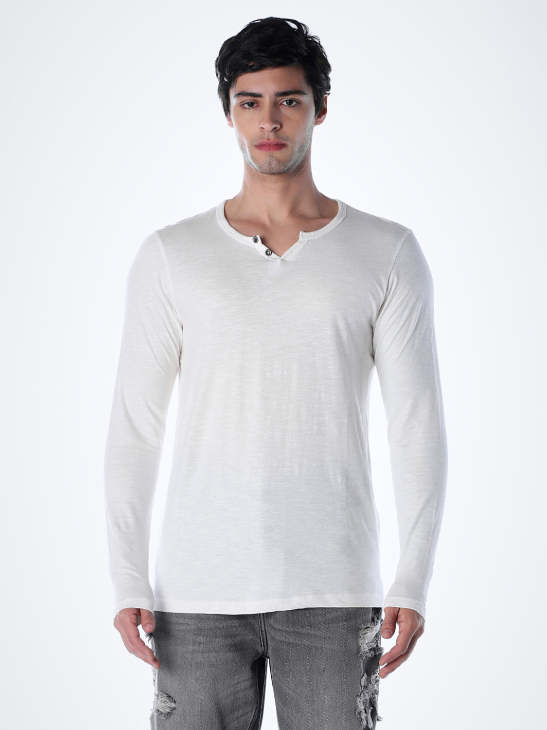 Image of JACK & JONES Solid Men Henley Neck White T-Shirt