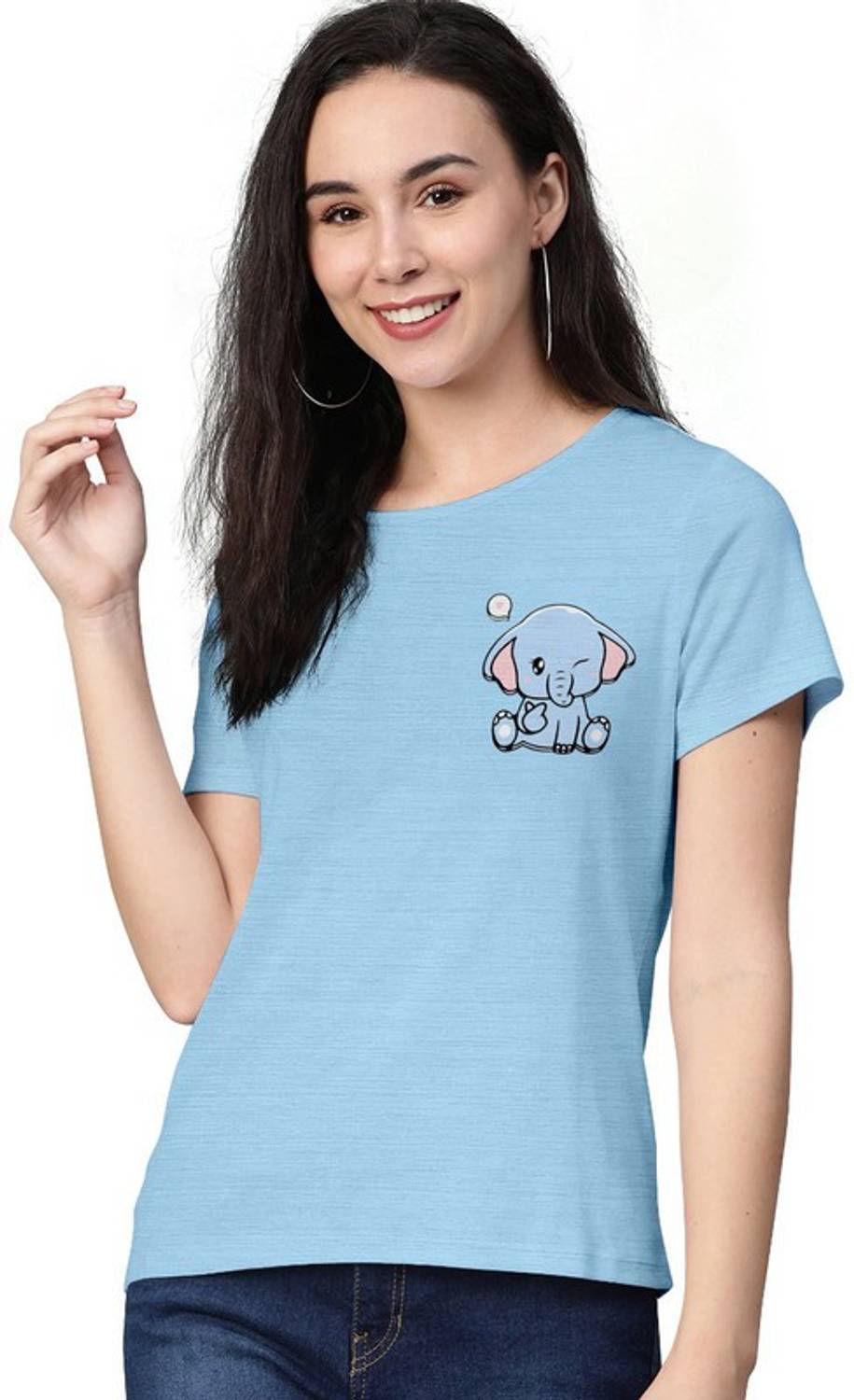 AASHANK Printed Women Crew Neck Light Blue T-Shirt