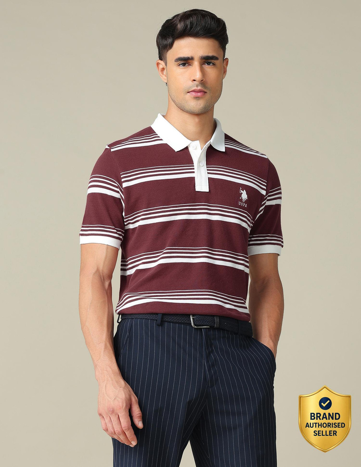 U.S. POLO ASSN. Striped Men Polo Neck Maroon T-Shirt