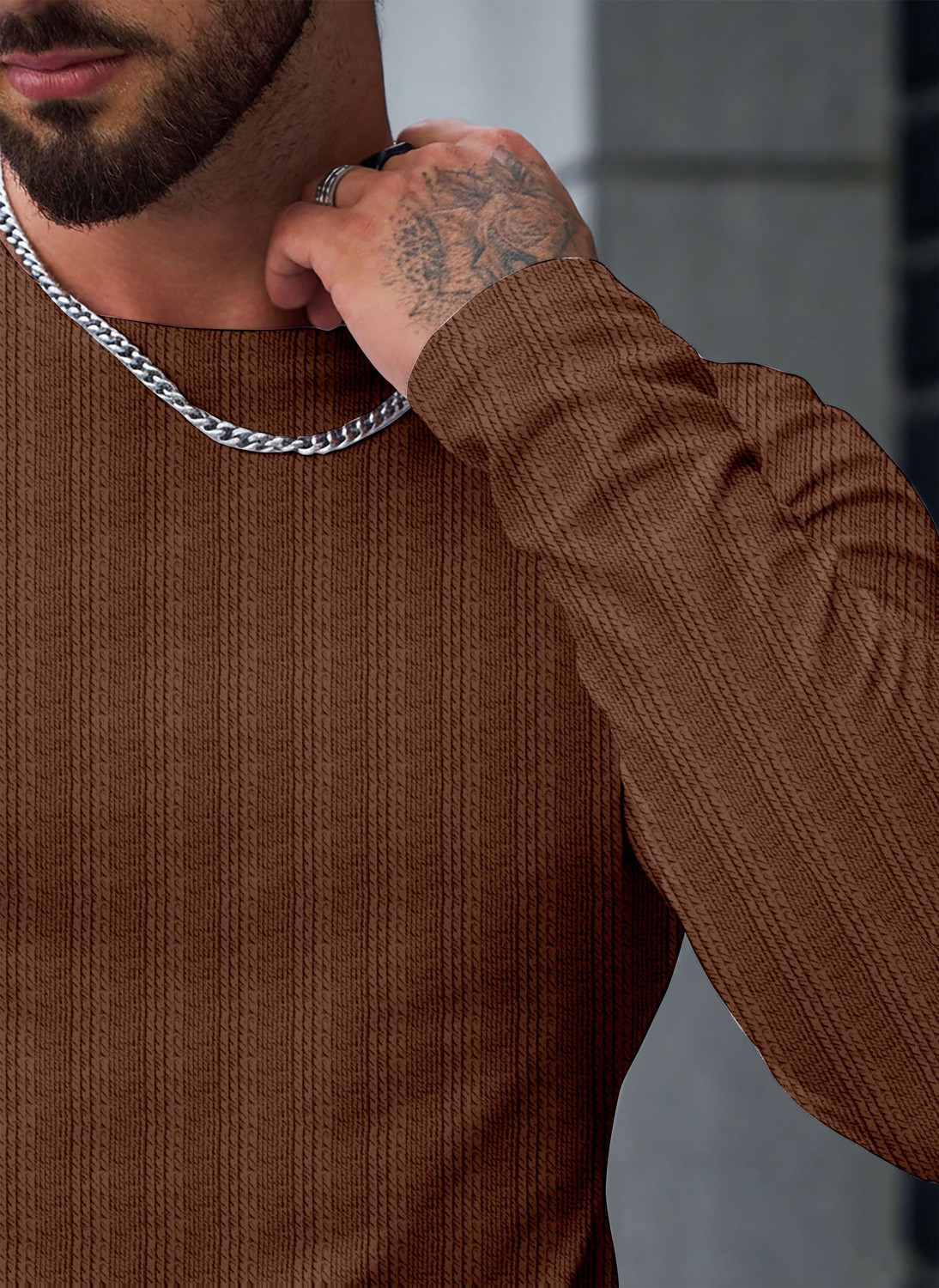 Image of COMBRAIDED Self Design Men Round Neck Brown T-Shirt