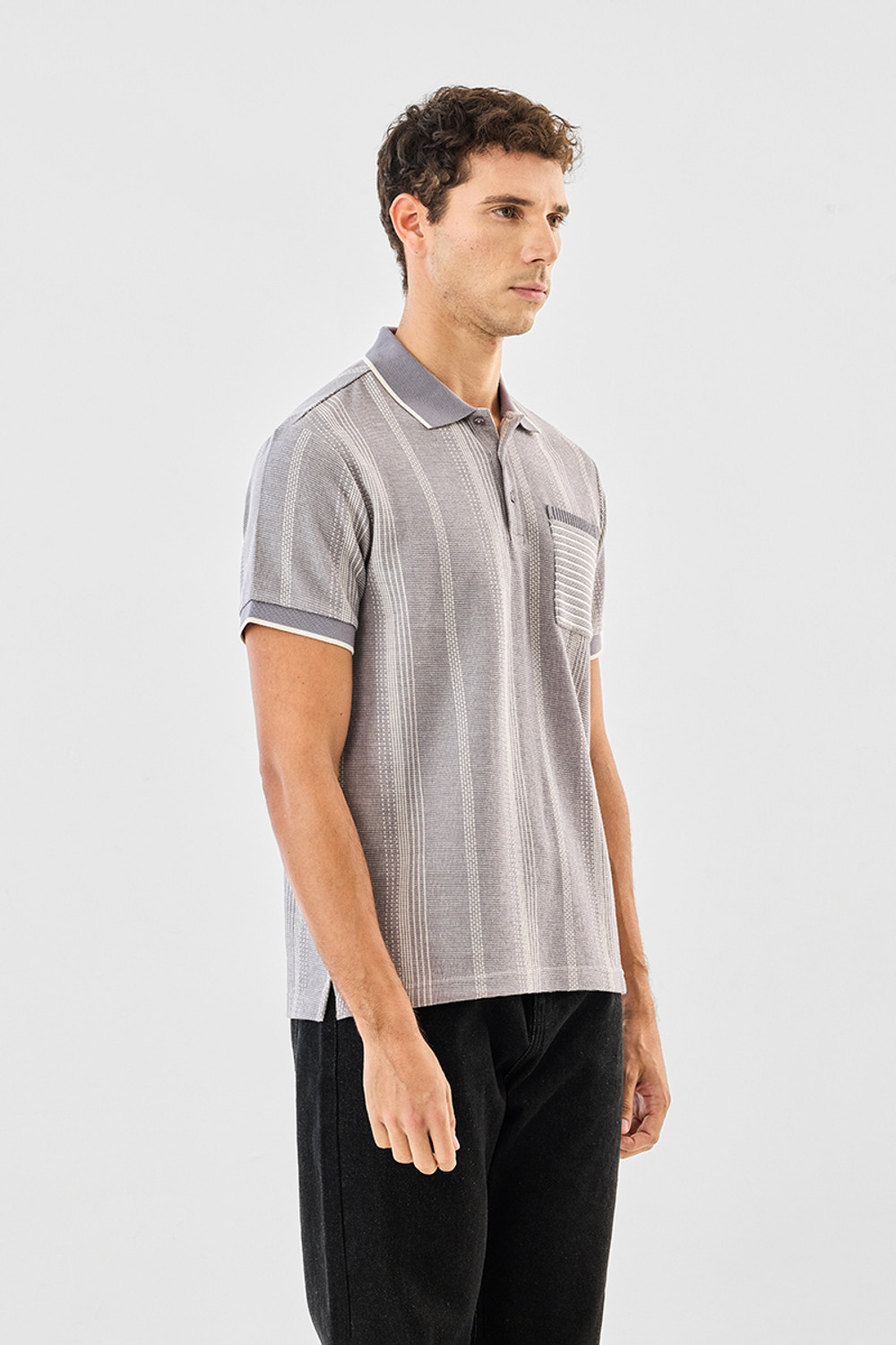 Image of Snitch Self Design, Striped Men Polo Neck Grey T-Shirt