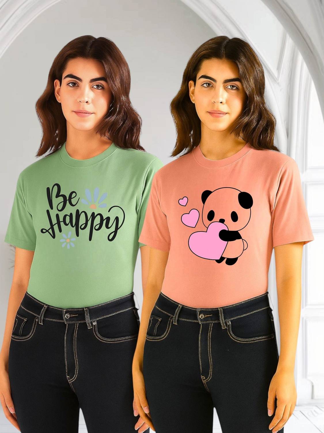 HouseOfCommon Printed Women Round Neck Green, Pink T-Shirt