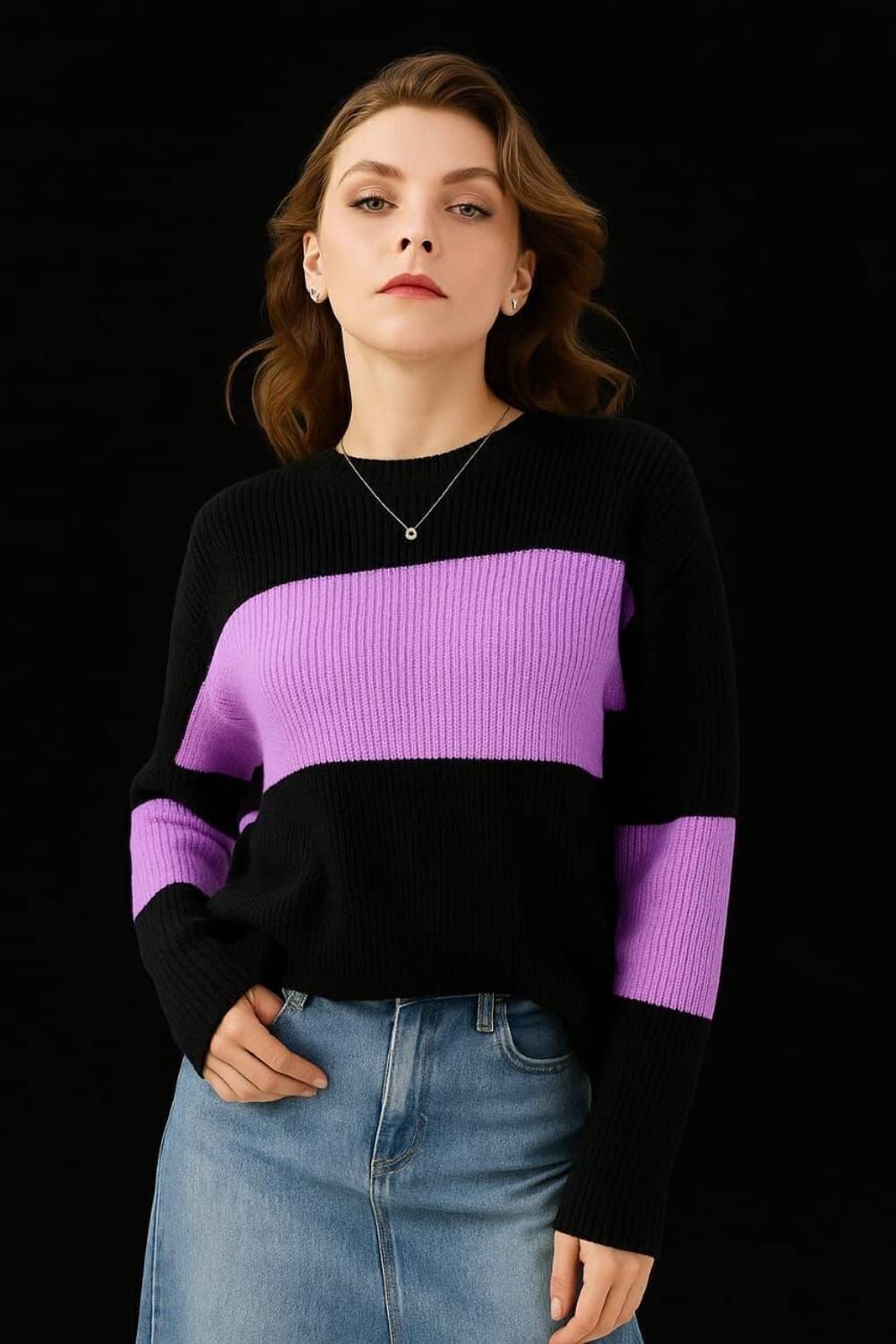 Amreliya Style Colorblock Women Round Neck Blue T-Shirt
