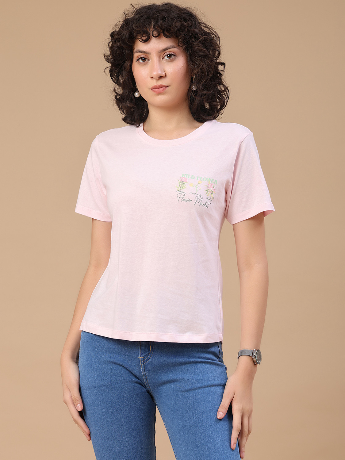 Image of V-MART Printed Women Round Neck Pink T-Shirt