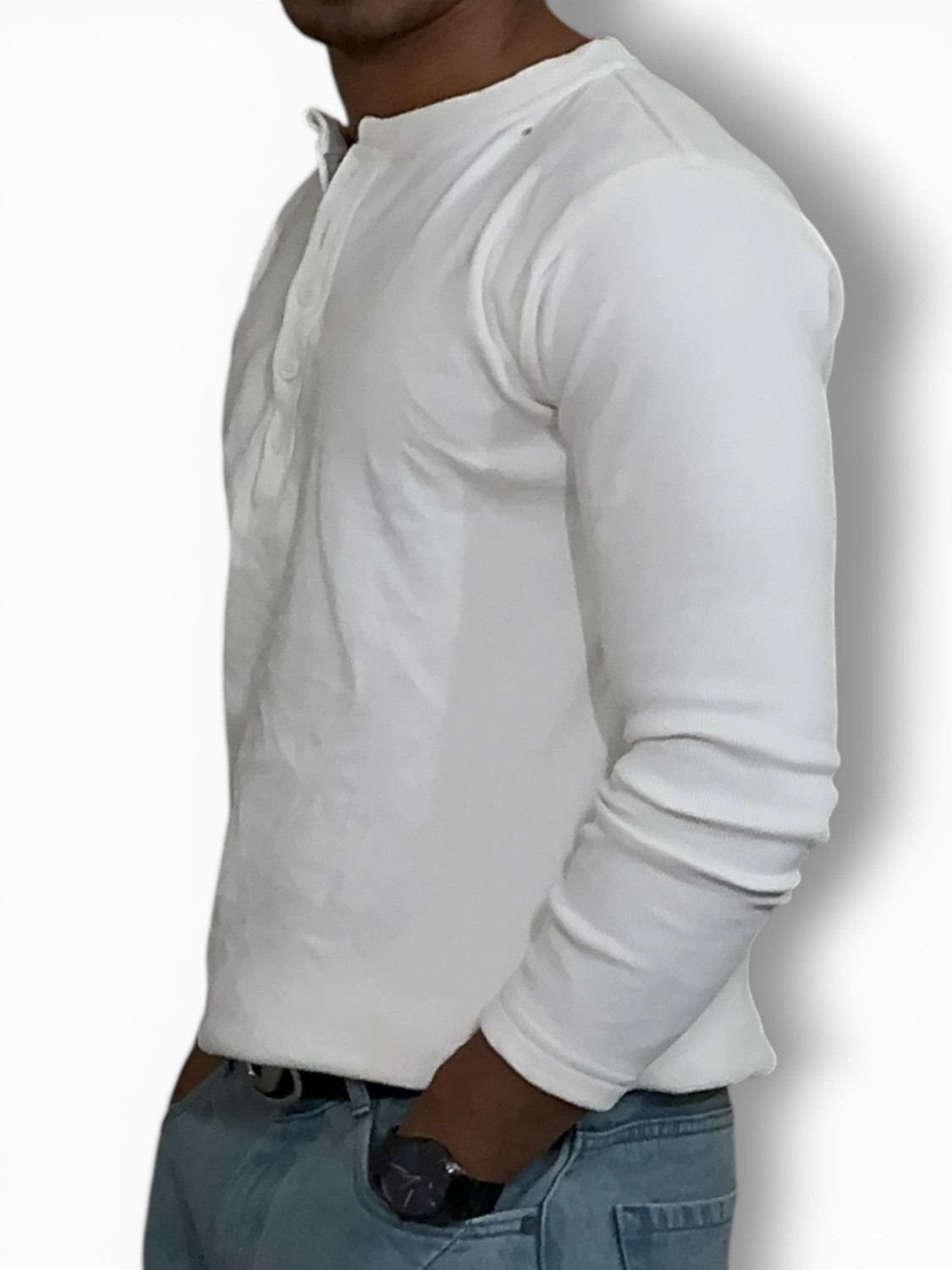 Image of YDWC Solid Men Henley Neck White T-Shirt
