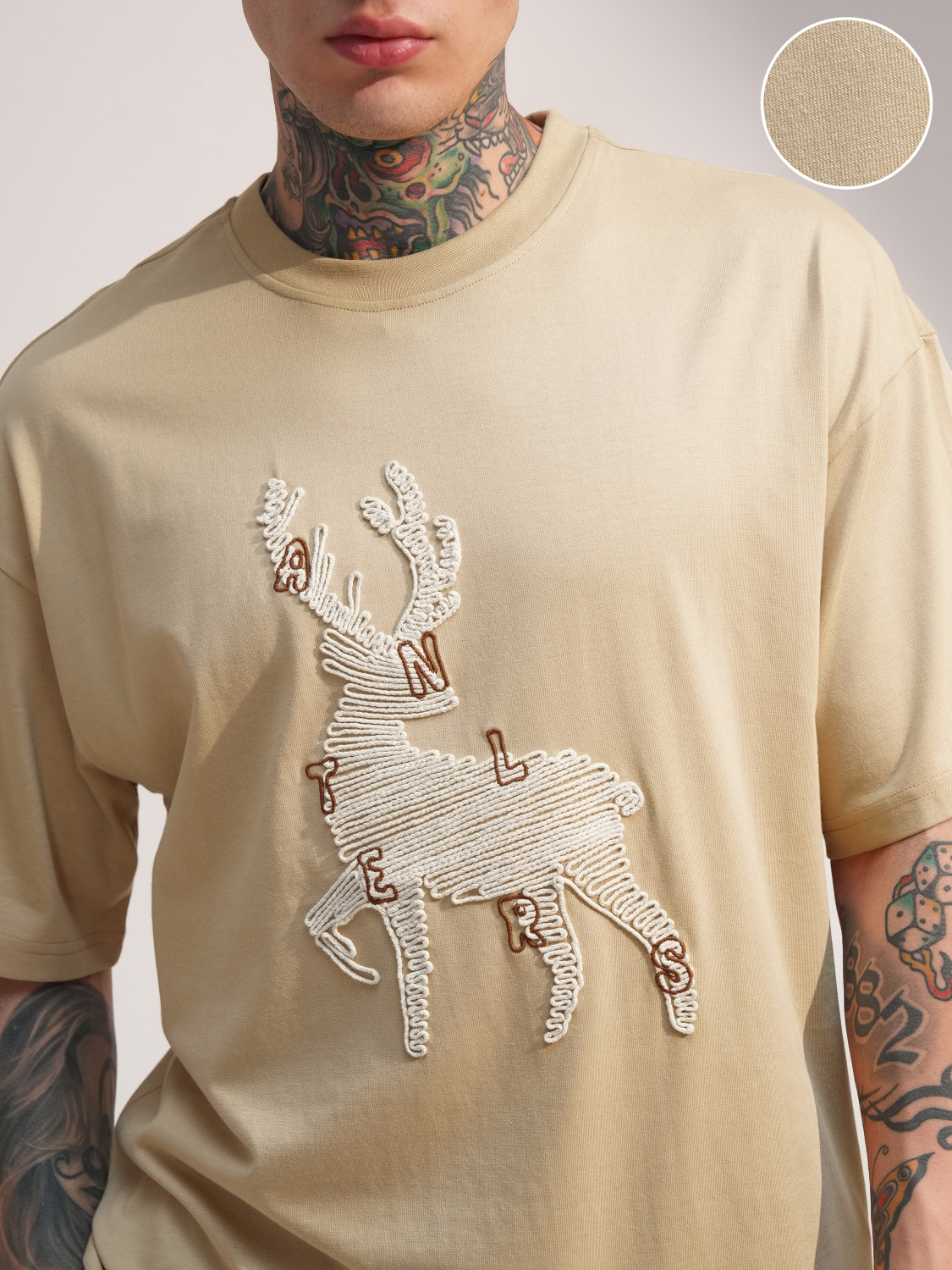 Image of HIGHLANDER Self Design Men Round Neck Beige T-Shirt